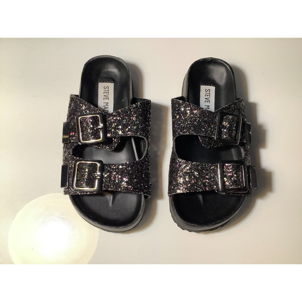 Steve Madden Girl’s Size 13 Black Glitter Cork Footbed Slide Sandals Shoes Arch